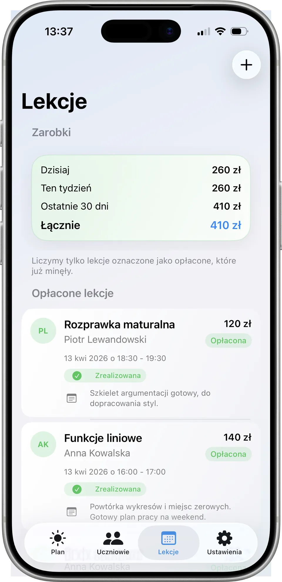 Lista lekcji i podsumowanie płatności w aplikacji Korepeto
