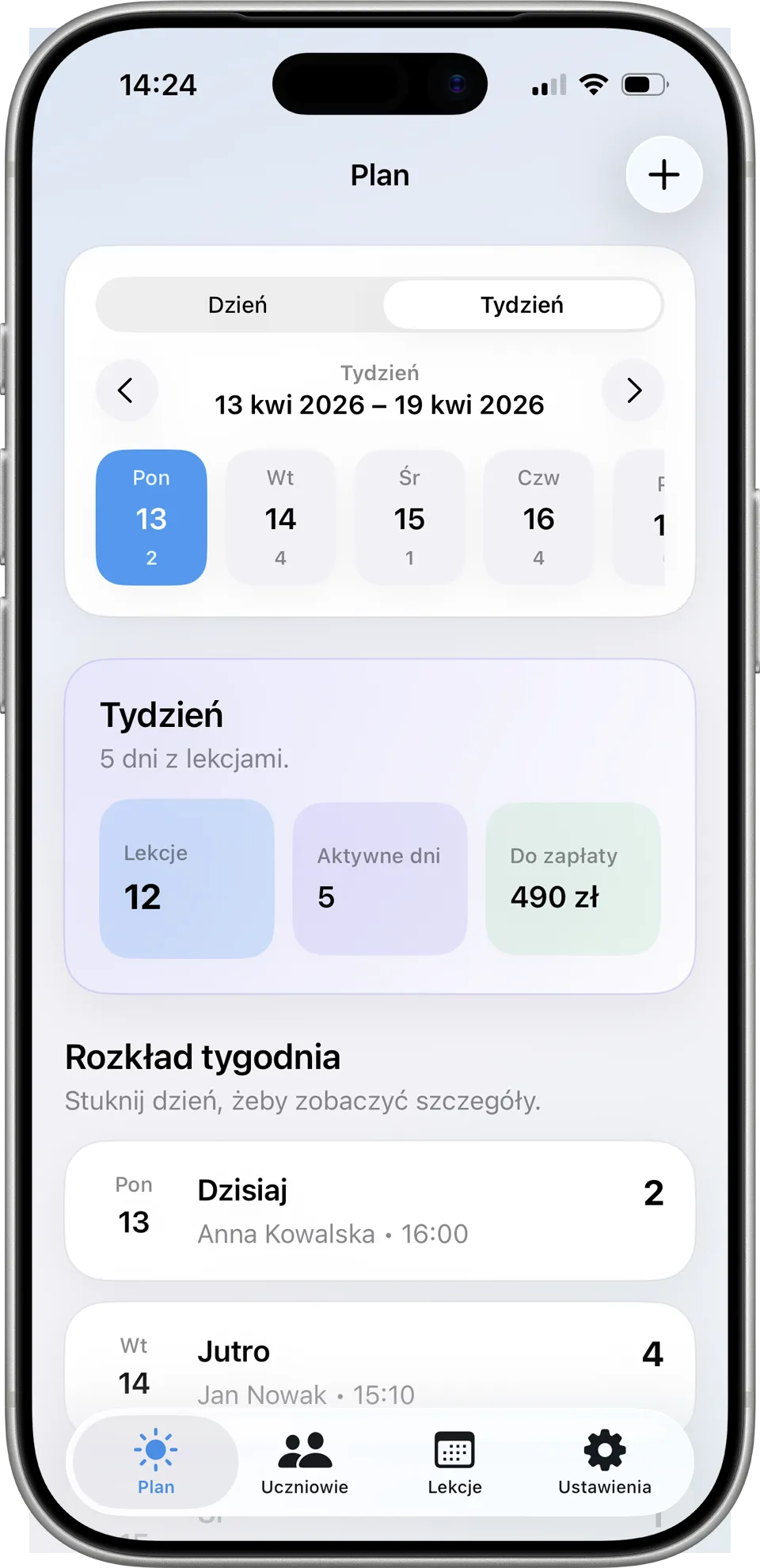 Plan dnia i tygodnia lekcji w aplikacji Korepeto