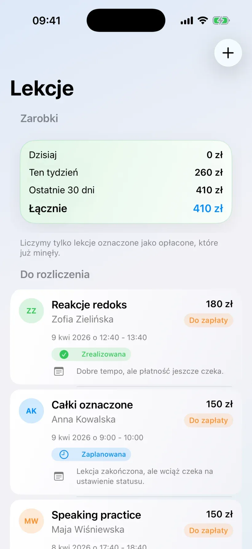 Lista lekcji i podsumowanie płatności w aplikacji Korepeto