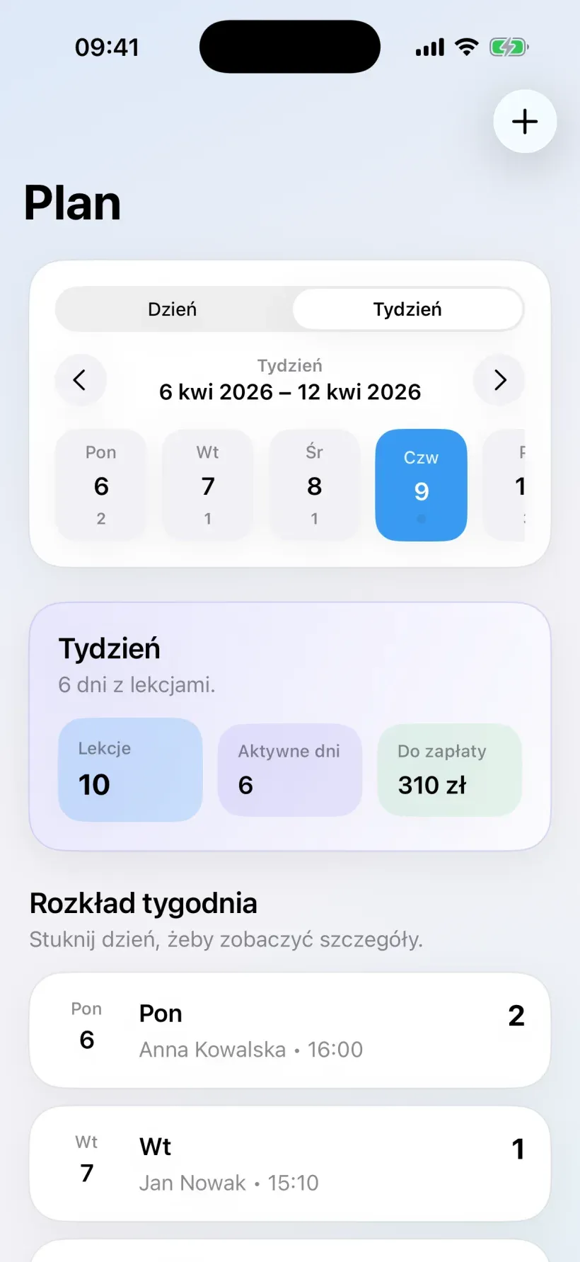 Tygodniowy plan lekcji w aplikacji Korepeto
